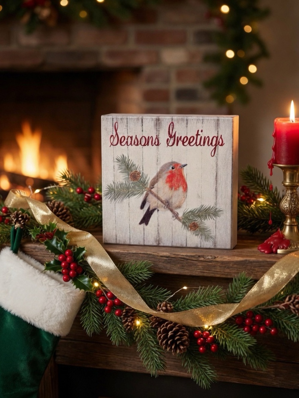 Seasons Greetings Robin Holiday Plaque - Neutral/Red